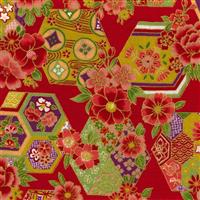 Sevenberry Gold Metallic Traditional Japanese Hexagon Red Fabric 0.5m