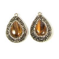 Tigers Eye Crystal Encrusted Pear With Silver Plated Base Metal, 2pcs