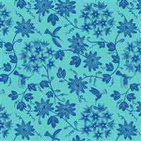 Lewis & Irene Hibiscus Hummingbird Flowers Blue Fabric 0.5m