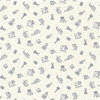 American Country Collection Blue Notions On Natural Fabric 0.5m
