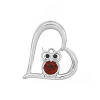 925 Sterling Silver Heart Shaped Owl Pendant with 0.60cts Red Garnet Round & 0.04cts Black Spinel Round 