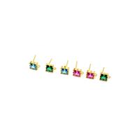 Gold Plated 925 Sterling Silver Square Earrings With Cubic Zirconia Approx 6mm (3 Pairs 1xPink, 1xBlue, 1xGreen)