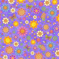 Dan Morris Sunbright Tossed Sun & Flowers Purple Fabric 0.5m