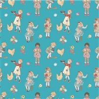 Poppie Cotton Hopscotch & Freckles Hens Blue Fabric 0.5m