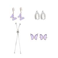 Silver Plated Base Metal Butterfly Purple Glass Pendant, Earrings, Slider Bracelet (4 pack Butterflies)