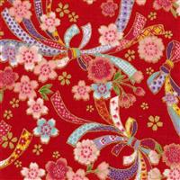 Sevenberry Gold Metallic Traditional Japanese Bows & Flowers Red Fabric 0.5m