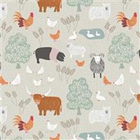 Lewis & Irene Country Life Reloved Dove Grey Tossed Farm Animals Fabric 0.5m
