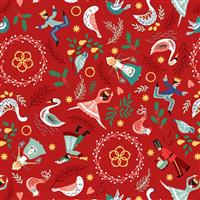 Lewis & Irene 12 Days Of Christmas Multi Red Fabric 0.5m
