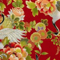 Sevenberry Gold Metallic Traditional Japanese Cranes, Floral Red Fabric 0.5m