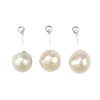 White Freshwater Cultured Baroque Pearl Approx 13-14mm, 3pcs With 925 Sterling Silver Peg Bail, 3pcs
