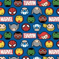 Marvel Kawaii II Heroes Faces Logos Blue Fabric 0.5m