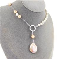 Classic; 925 Sterling Silver Connector with Ringed Potato Pearls & Apricot Pearls