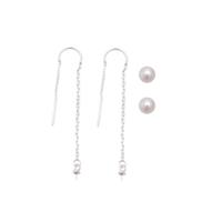 925 Sterling Silver Pull Through Earrings With White Freshwater Cultured Round Pearls, 1 Pair