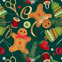 Jean Ruth Happiness Is Homemade Tossed Gingerbread Men Green Fabric 0.5m