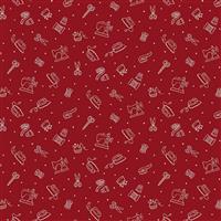 American Country Collection White Notions On Wine Fabric 0.5m