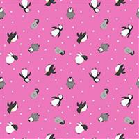 Lewis & Irene Small Things Polar Animals Penguins on Pink Fabric 0.5m