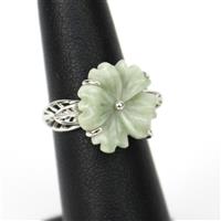 7.58ct Type A Moss-In-Snow Burmese Jade Sterling Silver Flower Ring . Size 6 