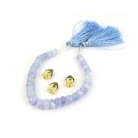 Karma; 80cts Blue Lace Agate Rondelles, Gold Plated 925 Sterling Silver CZ Buddha Heads