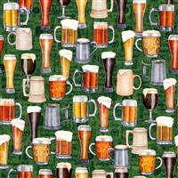 Dan Morris On Tap Beer Tankards on Green Fabric 0.5m