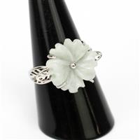 7.58ct Type A Moss-In-Snow Burmese Jade Sterling Silver Flower Ring . Size 8
