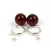 Sterling Silver Hoop Earrings (25mm) With Baltic Cherry Amber Rounds (12mm) - 1 Pair