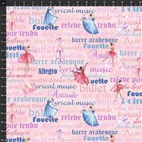 Henry Glass Prima Ballerina Words & Dancers Pink Fabric 0.5m