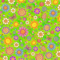 Dan Morris Sunbright Tossed Sun & Flowers Green Fabric 0.5m