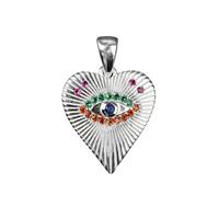 925 Sterling Silver Heart Pendant With Evil Eye & Multi  Coloured Cubic Zirconia Approx 15x23mm
