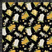 Henry Glass Bee You Tossed Behives Black Fabric 0.5m