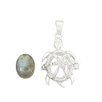 925 Sterling Silver Turtle Pendant With 3.47cts Labradorite Cabochon & White Zircon