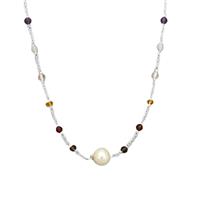 8cts Rainbow/Chakra 925 Sterling Silver Gemstone Beaded Chain With 7mm Baroque South Sea Pearl Approx 18Inch