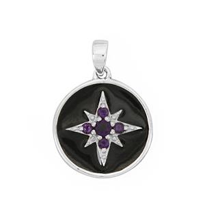 925 Sterling Silver Black Enamel Pendant with 0.30cts Amethyst Round