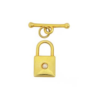 Gold Plated 925 Sterling Silver Padlock Clasp with 0.14cts White Freshwater Cultured Pearls, T Bar 17mm Approx 15x15mm