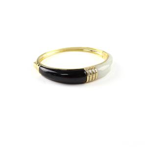 50cts Type A Black-White Jadeite & Zircon Gold Plated Silver Hinged Bangle 