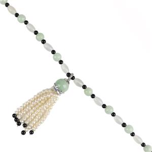 150cts Type A Green Jadeite Plain Rounds Approx 8mm, White Rice Beads Approx 9x6mm & Black Onyx Rounds Approx 4mm Necklace with Pearl Tassels