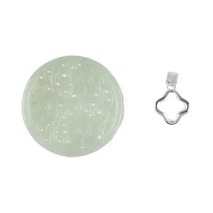 Type A Green Jadeite Carved Pendant with 925 Sterling Silver Clover Shaped Pinch Bail