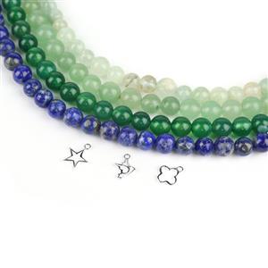 Arm Party Essentials- 4 Gemstone Strands 32cm, Sterling Silver Charm Pack 3 pcs