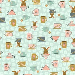 Coffee Bunnies Bunny Tea Cups Light Teal Fabric 0.5m