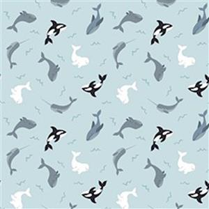 Lewis & Irene Small Things Polar Animals Whales on Icy Blue Fabric 0.5m