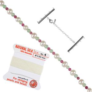White Freshwater Pearl, Tourmaline & JadeIite Rounds, 1m Stran+ 925 Sterling Silver Multi-Strand Project With Downloadable Instructions By Yvonne 