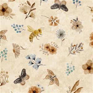 Dan Morris Creative Bear Hugs Collection Flower & Insects Toss Tan Fabric 0.5m