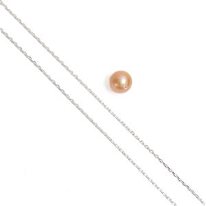 925 Sterling Silver Pendant With White Topaz & Peach Freshwater Cultured Pearl Approx 9mm & 925 Sterling Silver Cable Chain 45cm/18Inch