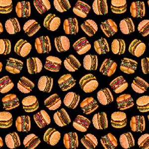 Dan Morris Order Up Hamburgers Black Fabric 0.5m
