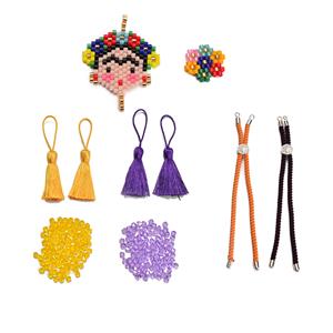 Frida Kahlo Inspired Seedbead Charms Kit; 3 x charms, 2 x rope bracelets, 4 x tassels, 6mm purple bicones (100pcs), 6mm yellow bicones (100pcs)