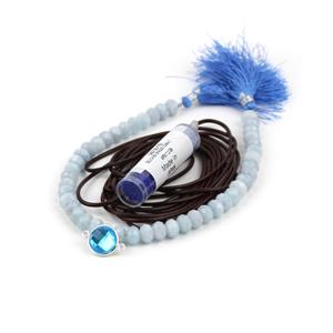 Sea Nymph; 118cts Aquamarine, Blue Faceted Glass Connector, Brown Leather, Miyuki 11/0