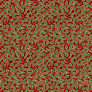 Lewis & Irene Yuletide Collection Holly Gold Metallic Wine Fabric 0.5m