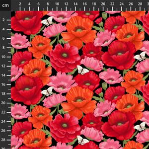 Merry Poppies Collection Multicolour Poppies Black Red Fabric 0.5m
