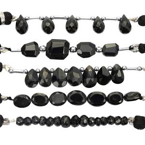 55cts Black Spinel Faceted Mix Shapes Set Approx 2x7 to 4x9mm 5cm Strands With Hematite And Plastic Spacers 
