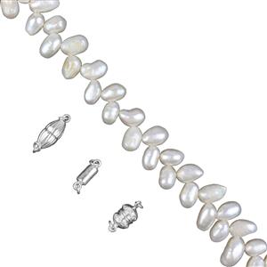 White Freshwater Cultured Wheat Style Pearls, 7x9mm, 37cm Strand & 925 Sterling Silver Magnetic Clasps x3 Designs