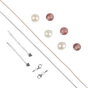 3x Strawberry Quartz Rounds & 3x White Freshwater Potato Pearl with Eyelets, Silver & Rose Gold Leather Cord, 1m, includes 925 Sterling Silver